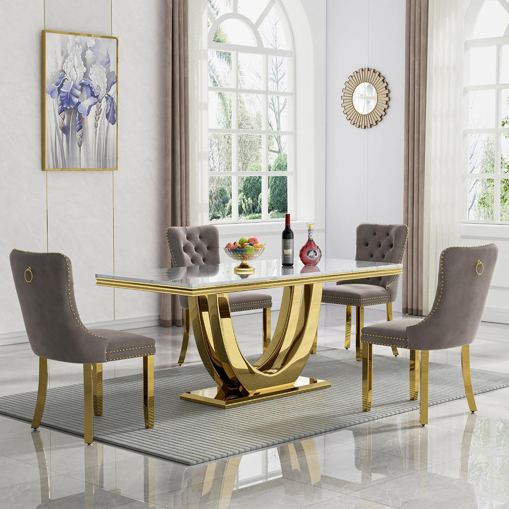 68" Marble Dining Table Set for 4, Luxury White Gold Kitchen Table with ...