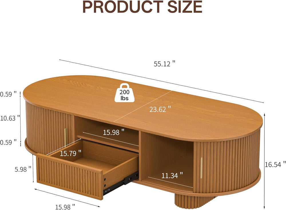 55.1" Oval Coffee Tables with Storage,Fluted Mid Century Modern Center T...