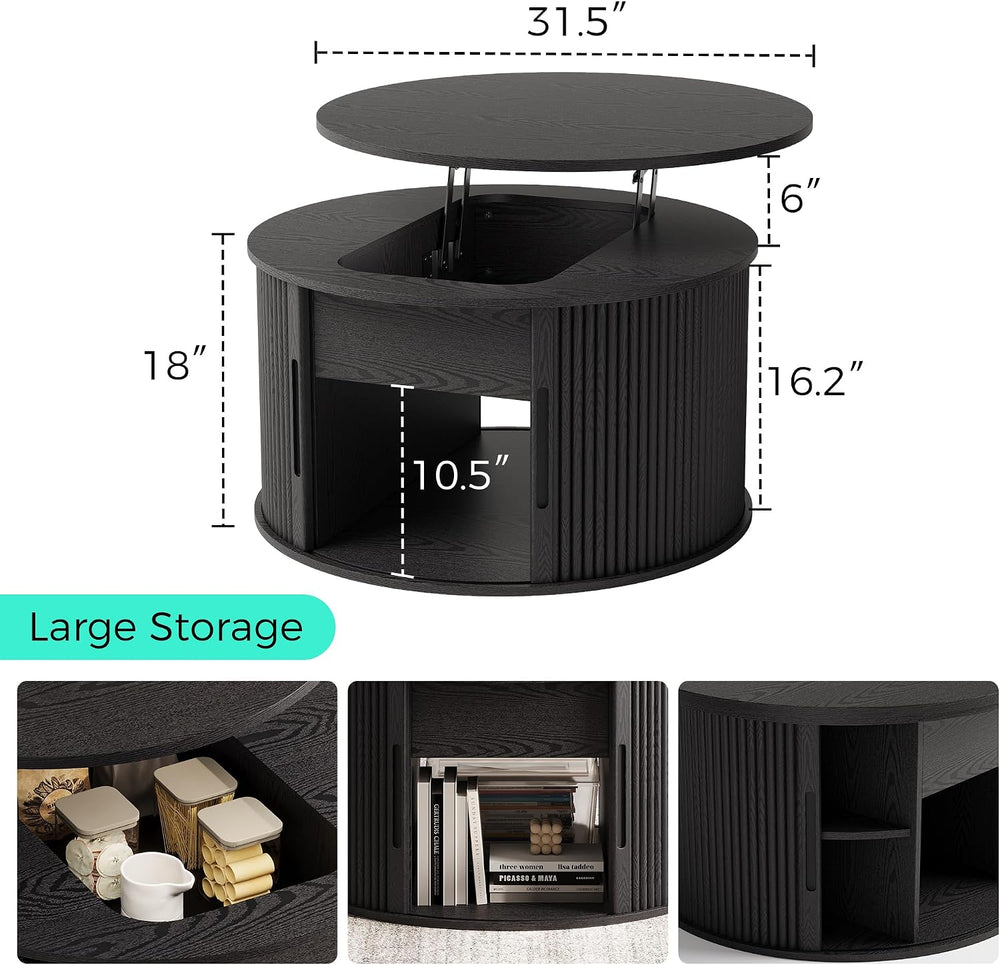LINSY Lift Top Coffee Table, Round Fluted Coffee Table with Storage, Mid Cent...