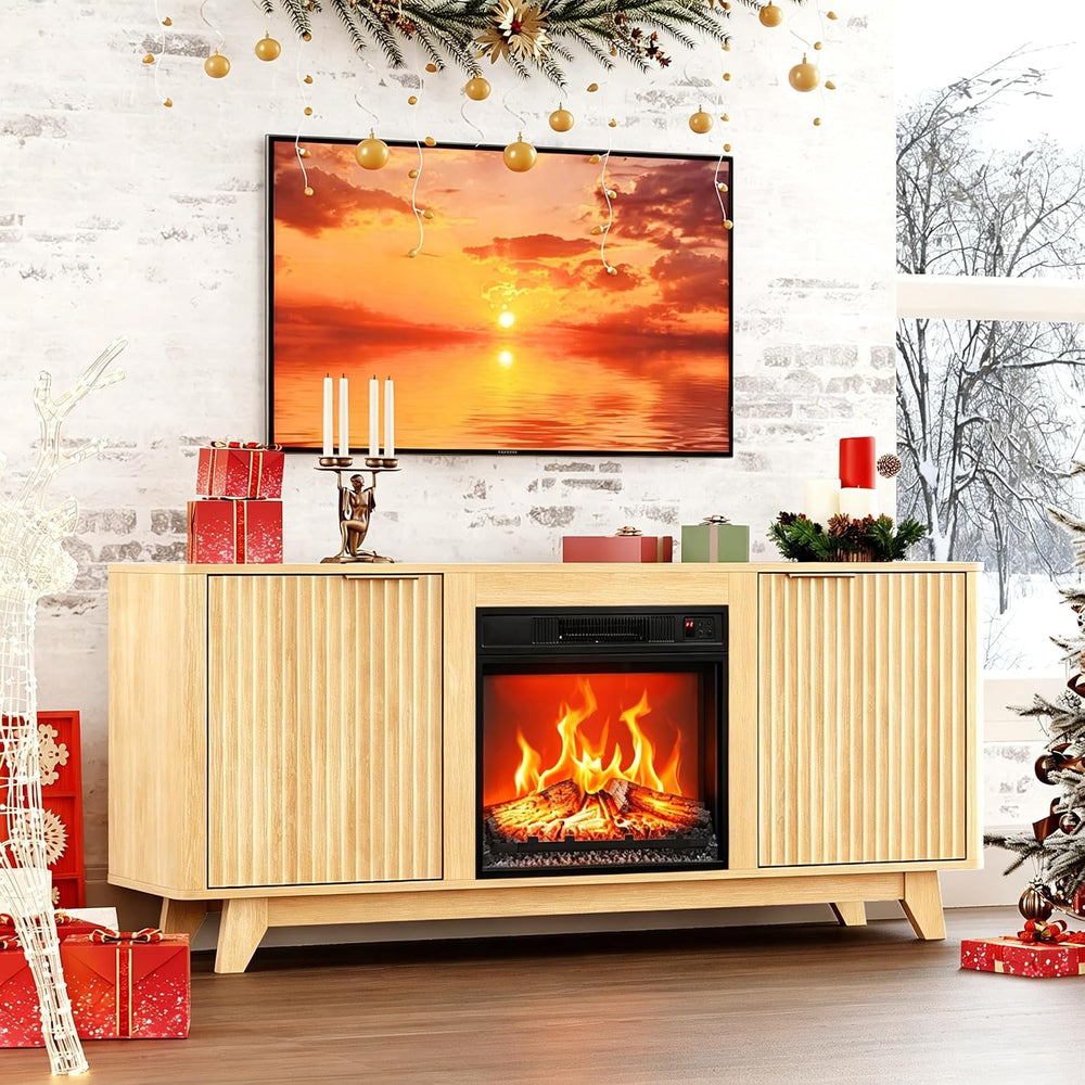 Bonnlo Fluted Fireplace TV Stand for TVs up to 70“, 58” TV Console, Oak