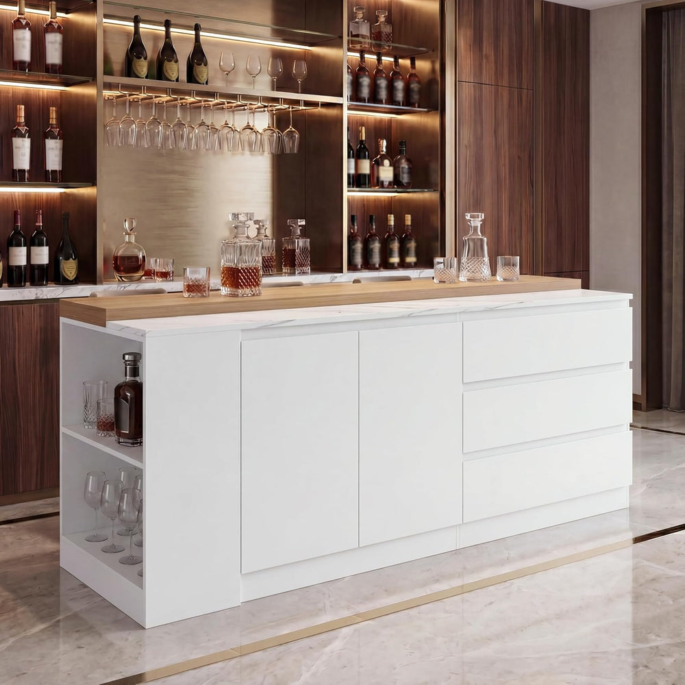 82.7" Large Bar Table Kitchen Station, Home Bar Unit with Lighting, 3 Dr...