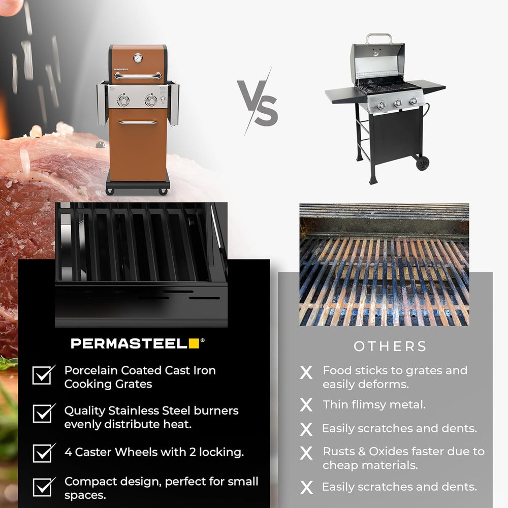 Permasteel 2-Burner Propane Gas Grill, BBQ Grill with Foldable Side Tables &a...