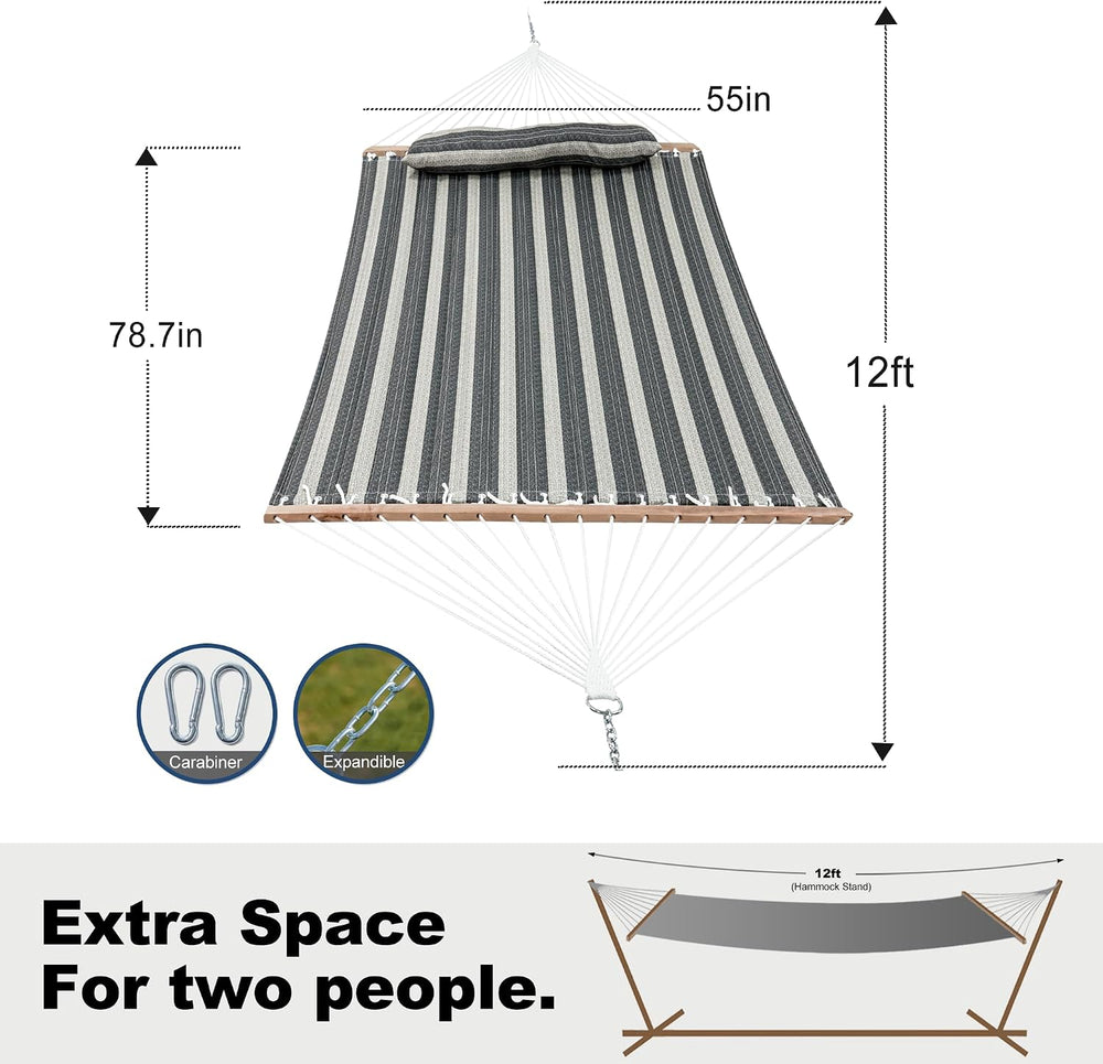 GAFETE 12ft 2 Person Hammock for Outside with Hardwood Spreader Bar