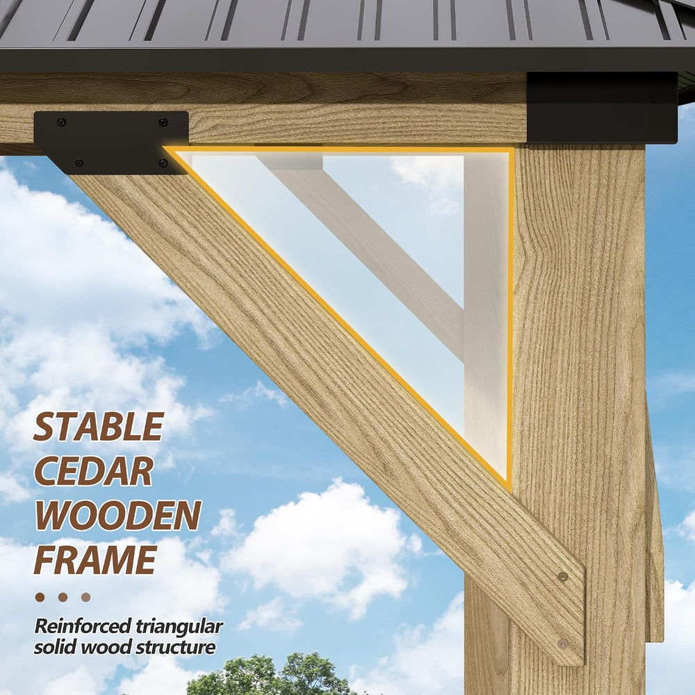 13x15 FT Wood Gazebo,Outdoor Wooden Hardtop Gazebo with Galvanized Steel Doul...