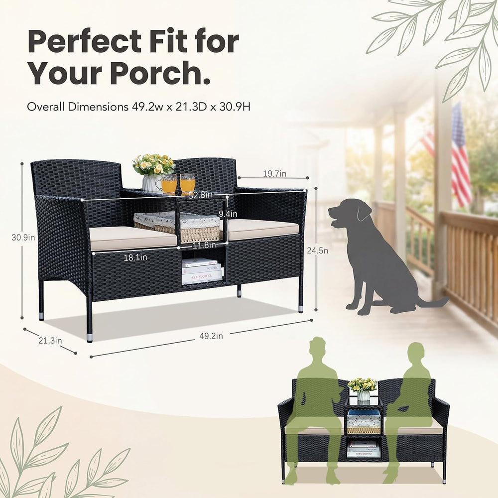 Devoko Outdoor Patio Loveseat Rattan 2-Seat Patio Conversation Set, Beige