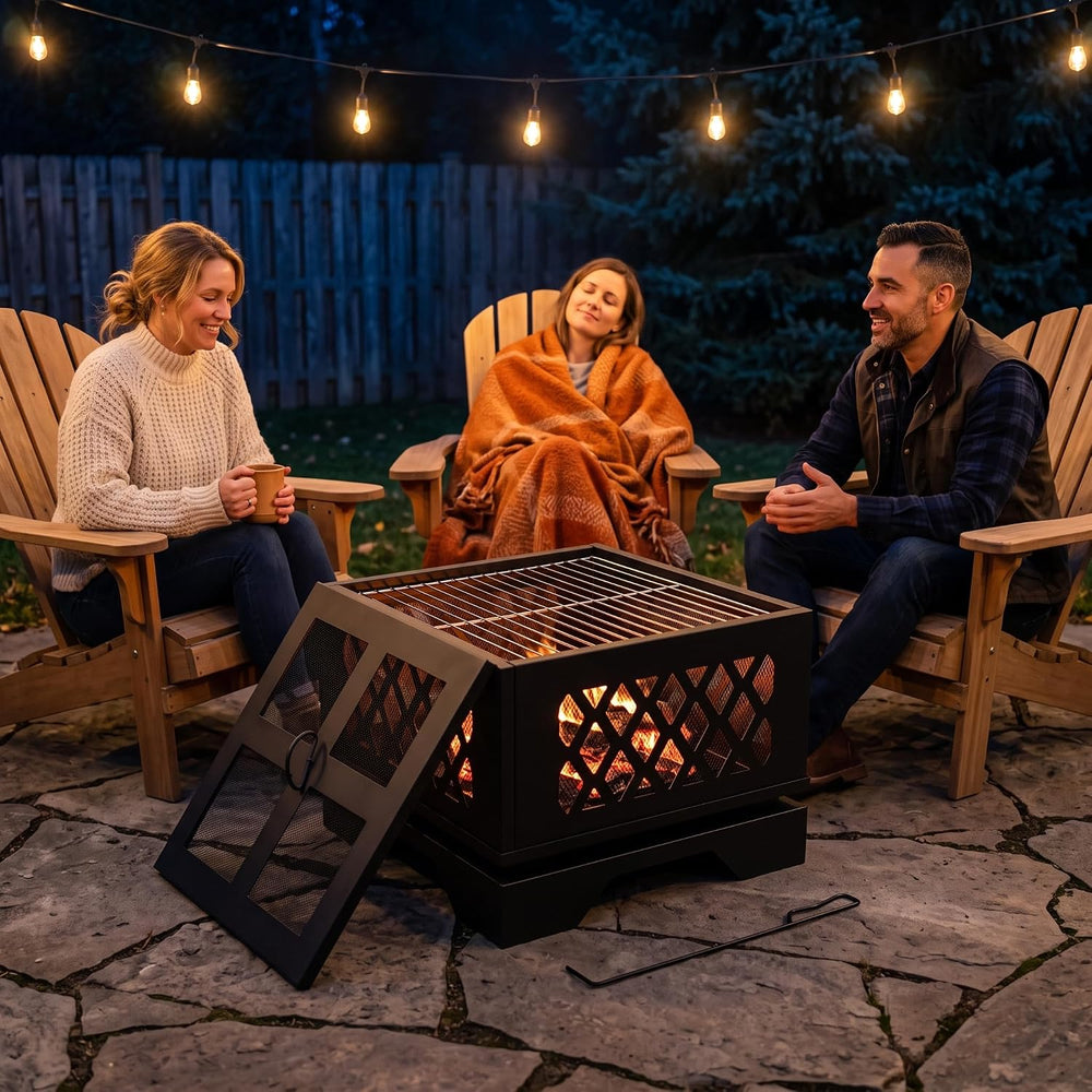 Kingson 20" Square Outdoor Fire Pit, 2-in-1 BBQ Grill, Heavy-Duty Steel