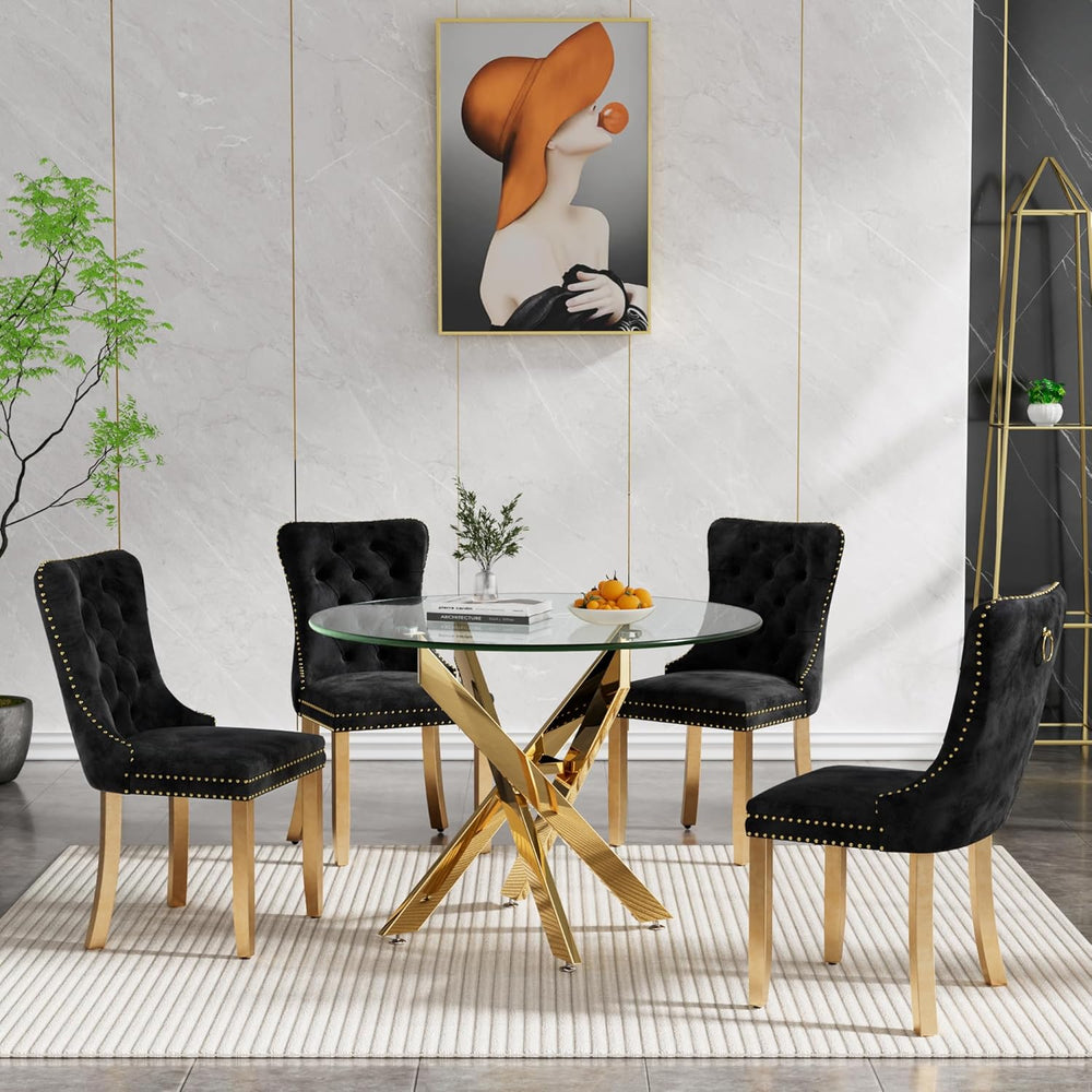 Henf 5 Piece Dining Table Set for 4, Glass Round Dining Table with 4 Black Fa...