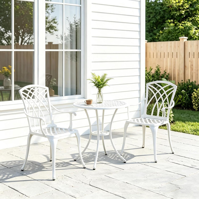 Patio Bistro Set 3 Piece with Umbrella Hole, Outdoor Bistro Table and Chairs Set of 2, Patio Bistro Set 3 Piece White, Cast Aluminum Furniture for Park Yard Front Porch