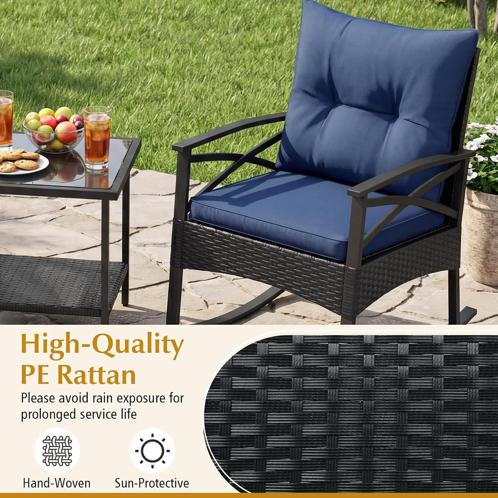 HAPPYGRILL 3 Piece Rocking Bistro Set PE Rattan Rocker Chairs with Table and ...
