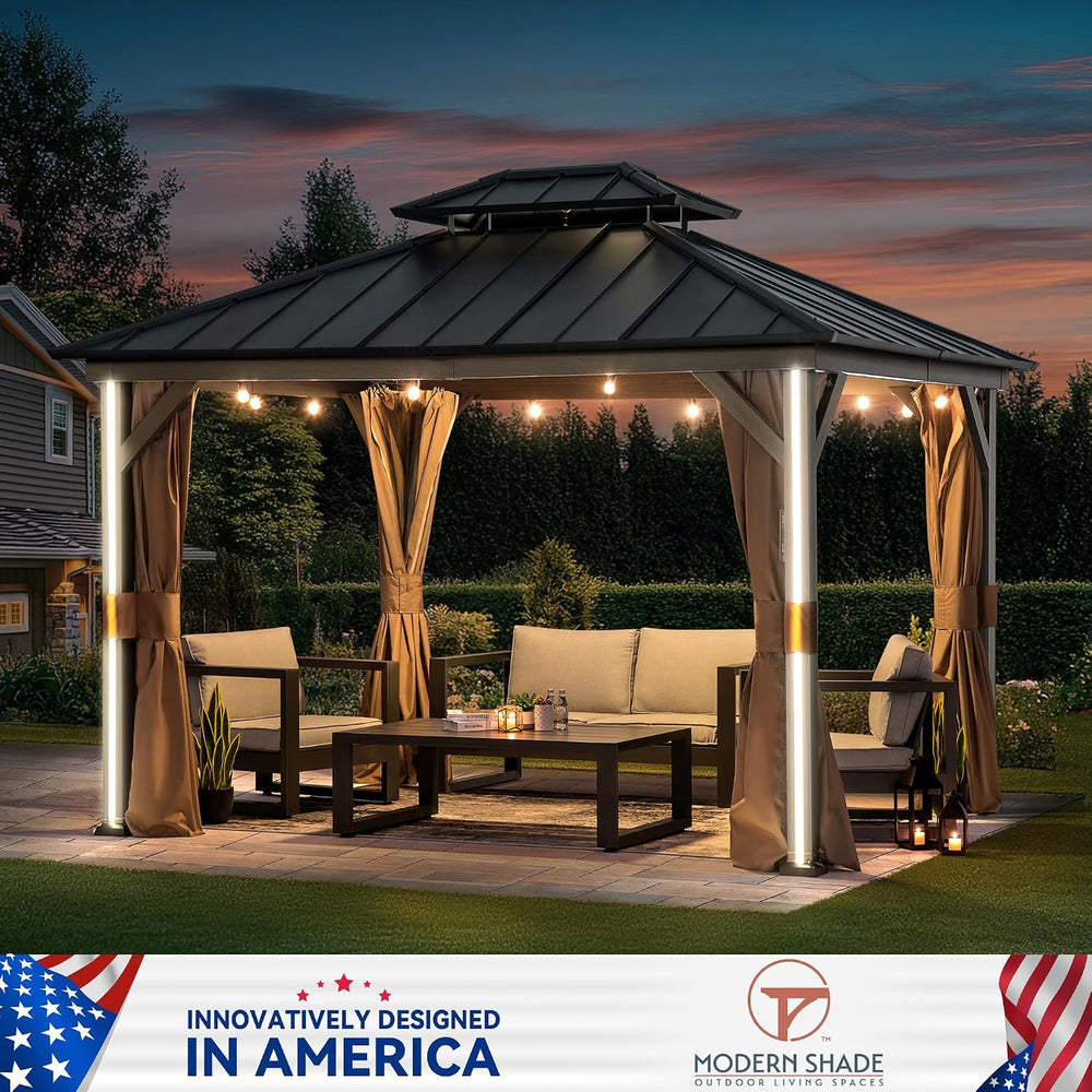 Modern Shade Hardtop Gazebo 10' x 12' with 4 Lights, Outdoor Gazebo w...