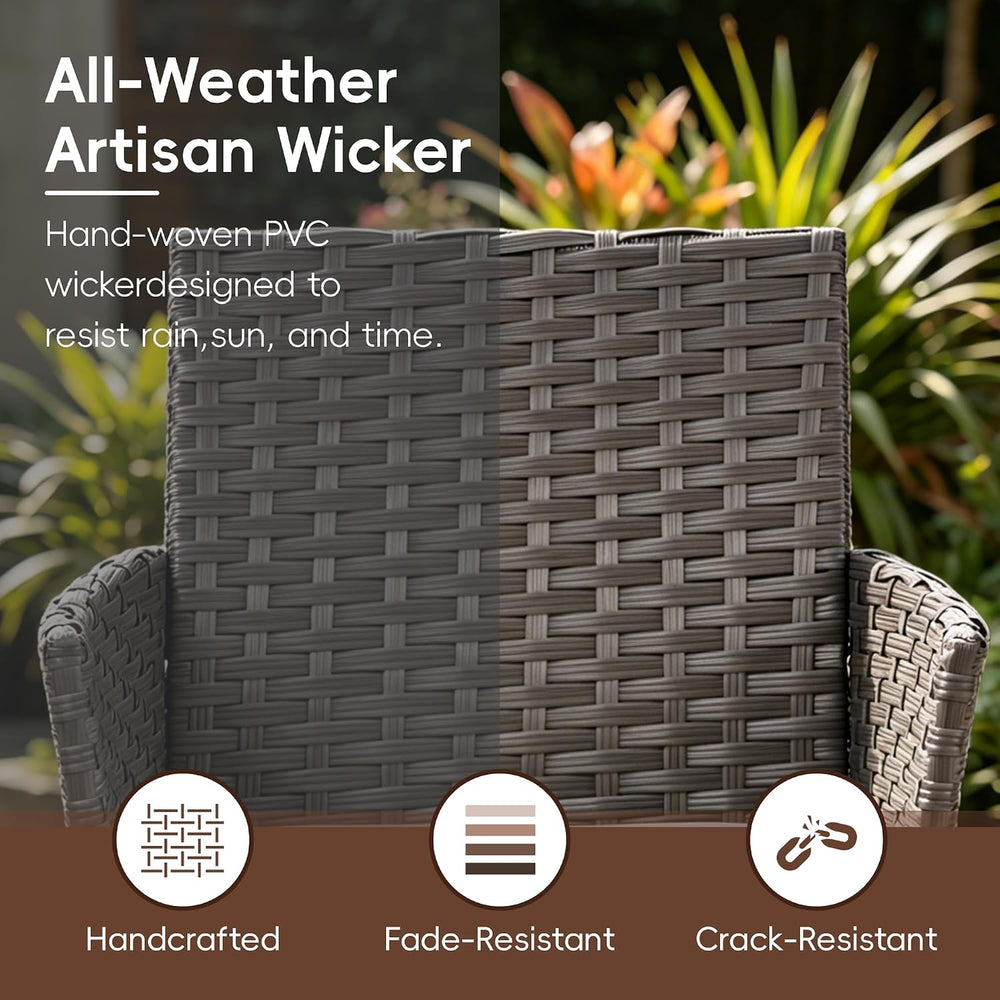 3 Piece Patio Furniture Set, Gray Wicker Chairs with Beige Cushion