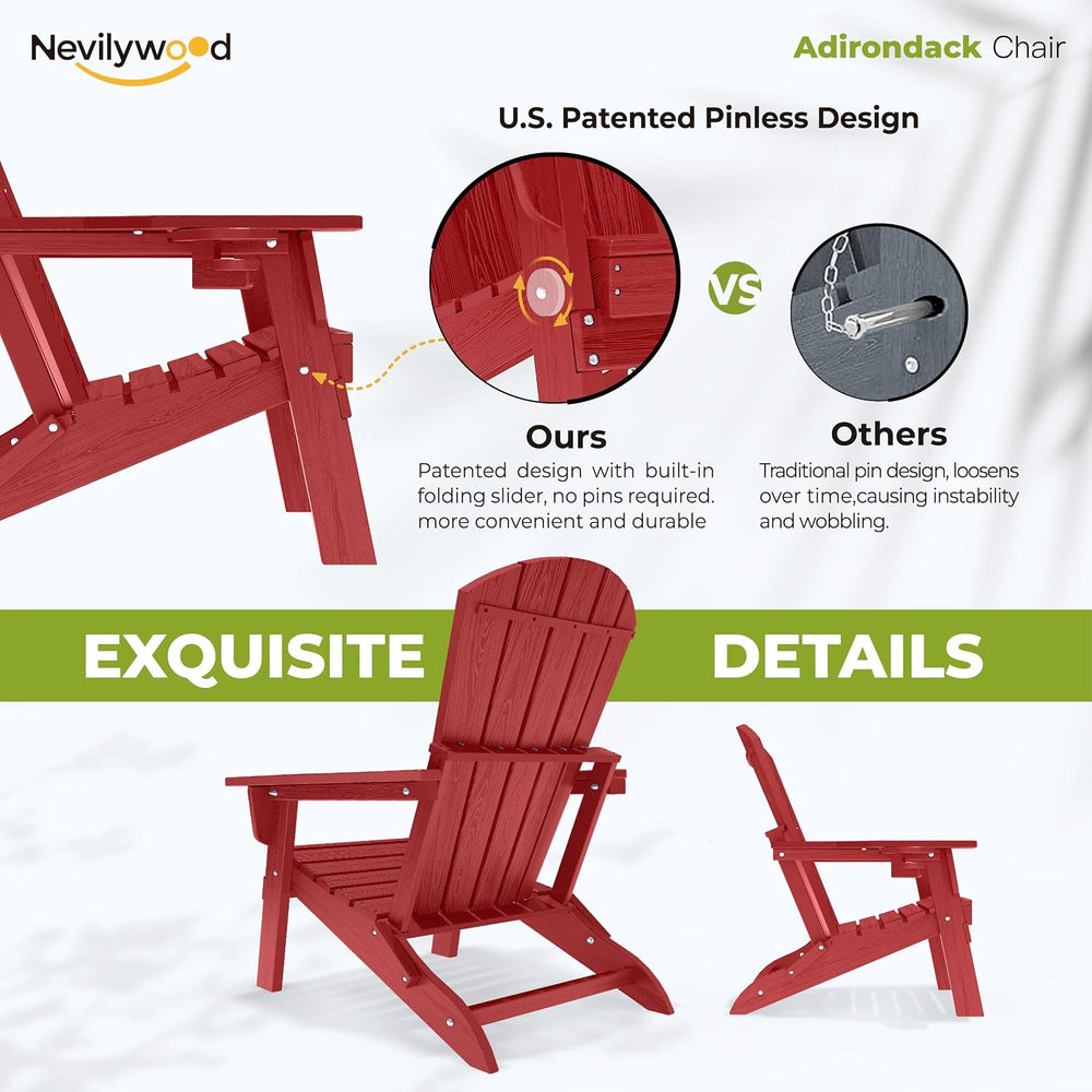 nevilywood Folding Adirondack Chairs Set of 2, HDPE Cup Holders, Red