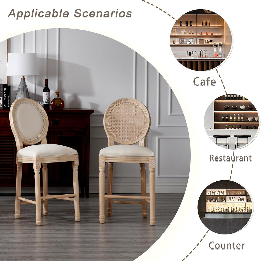 French Country Bar Stools Set of 4, 26 Inch Rattan Counter Stools