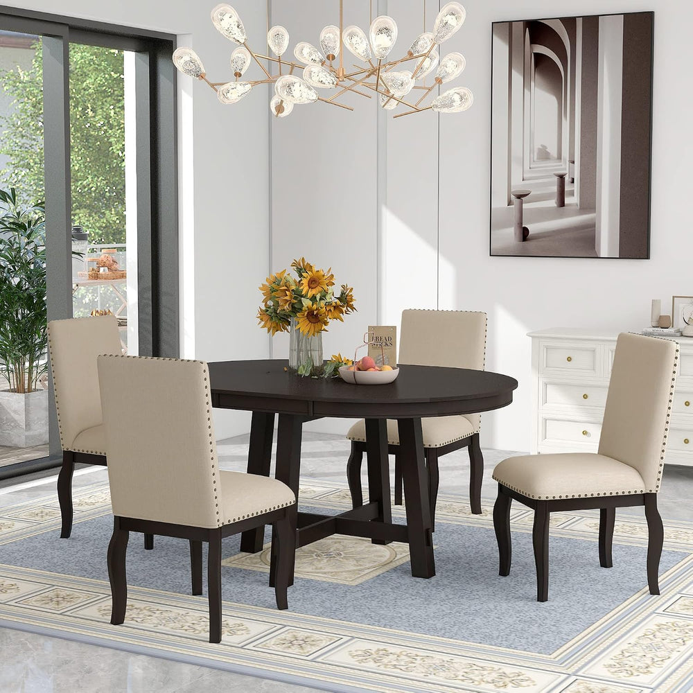 Merax Farmhouse Dining Table Set - Wood Round Extendable Dining Table and 4 U...