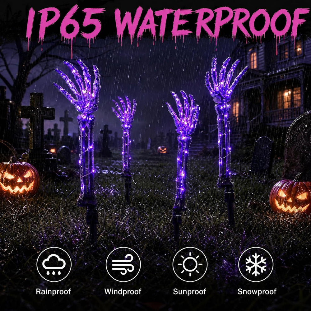 Halloween Skeleton Arm Stakes 4‑Pack, 160 Purple LED Battery‑Powered Lights
