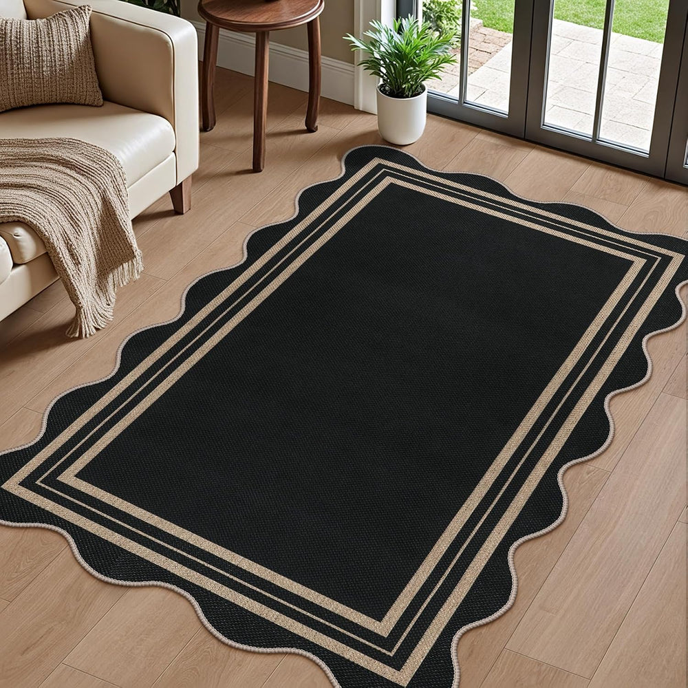 Scalloped Easy Jute 3x5 Outdoor Rug, Washable Rugs for Entryway Black Front D...