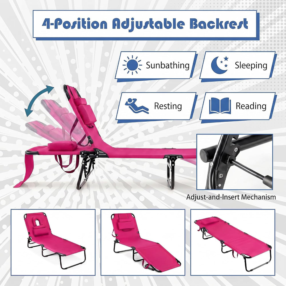 Goplus Tanning Chair, Folding Beach Lounge Chair with Face Hole, Removable Pi...