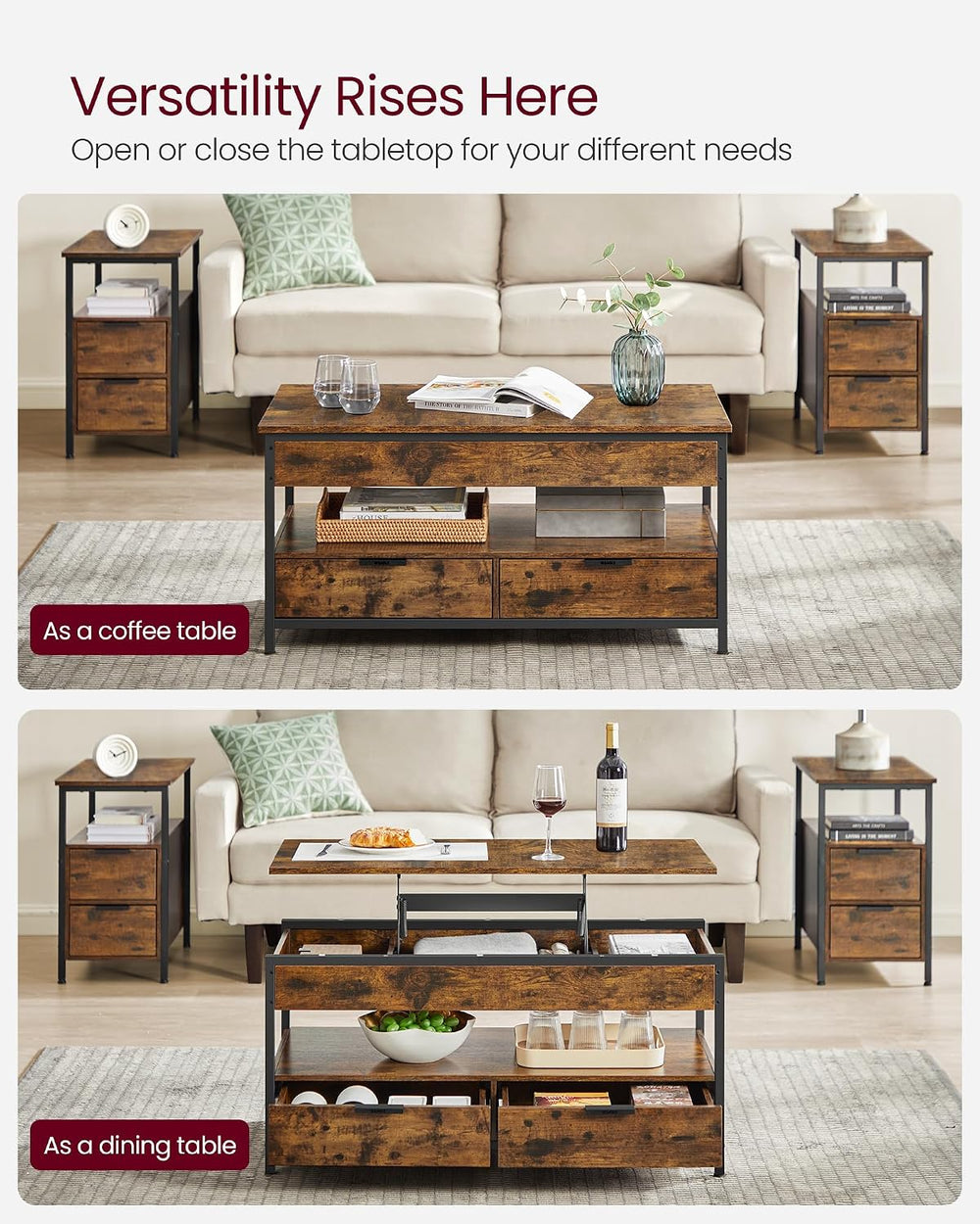 VASAGLE Lift Top Coffee Table with Storage Drawers, Hidden Compartments