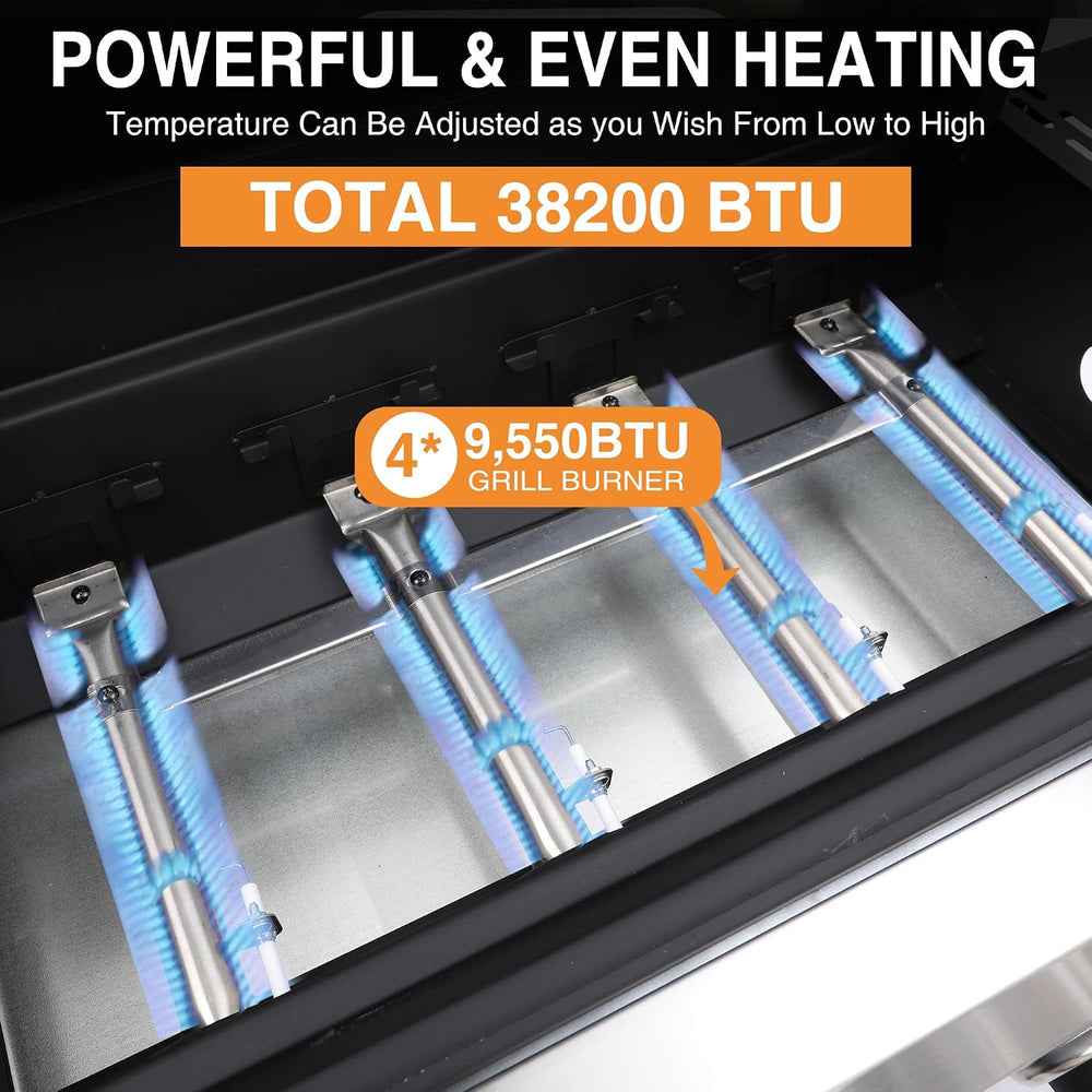 4 Burner Propane Gas Grill, Portable BBQ Grill with Cast Iron Grate & Gri...