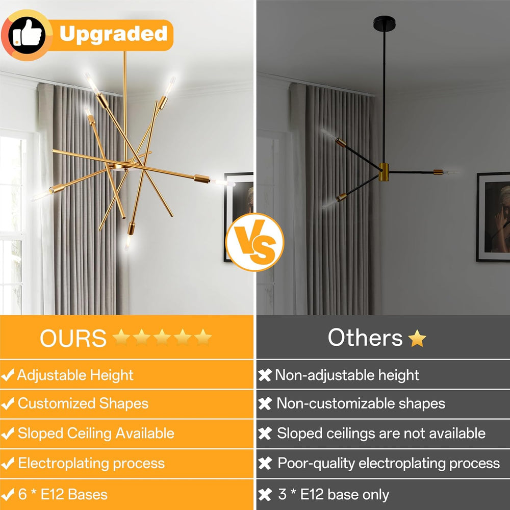 Modern 6-Lights Gold Sputnik Chandelier Dimmable Adjustable Height Contempora...