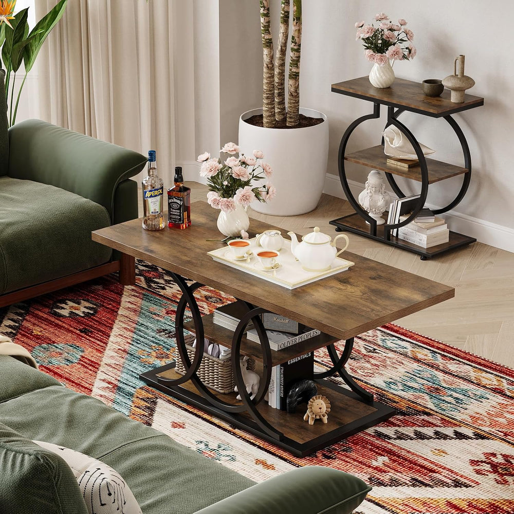 GiftGo Rustic Coffee Table with Storage Industrial 3 Tier Center Living Room ...