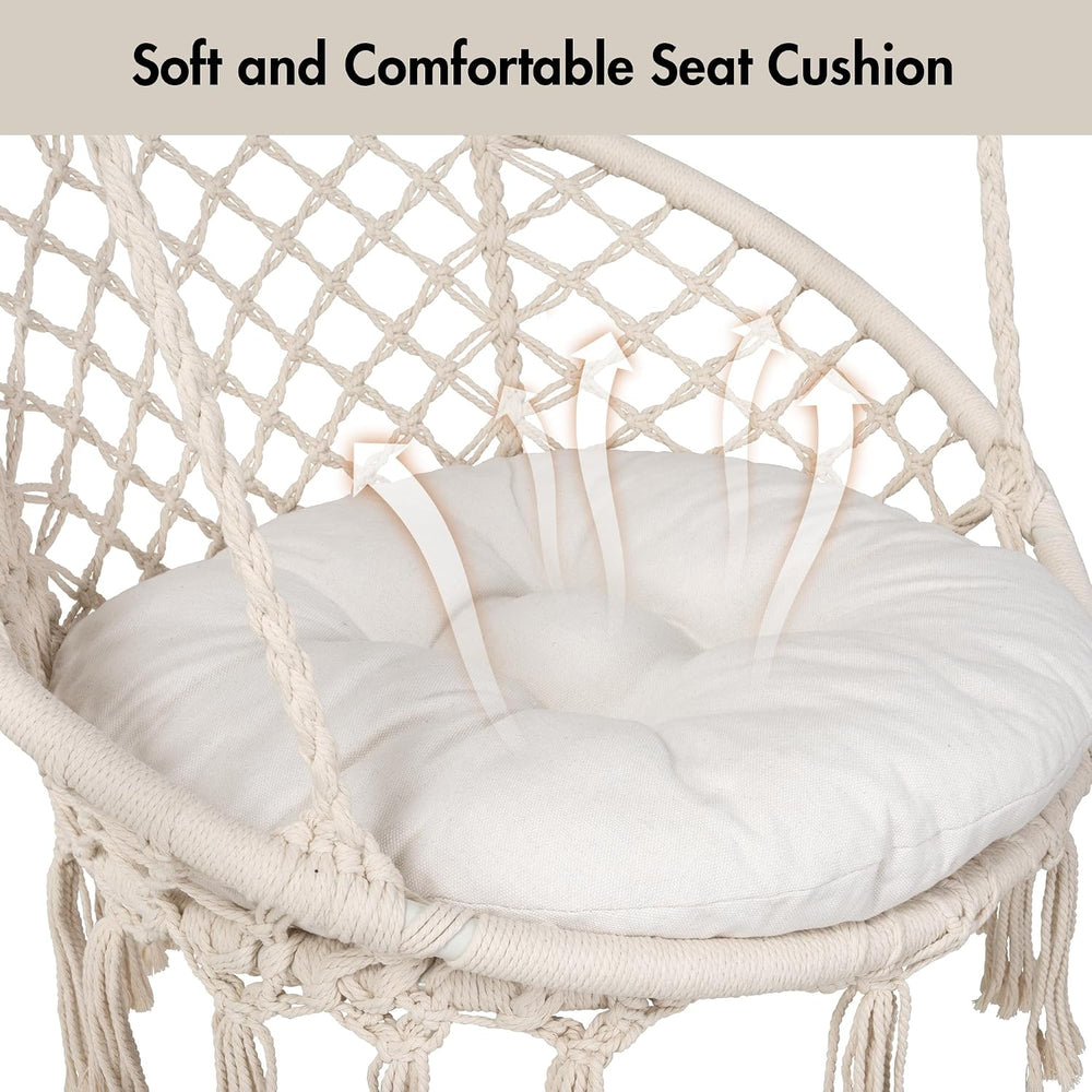 ANOW Patio Macrame Hammock Chair with Stand and Seat Cushion, Natural