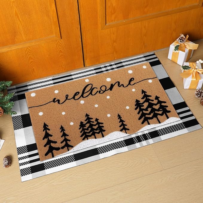 Tinideya 2 Pcs Door Mat Welcome Non Slip Coir Mats Floor Layering Doormats Se...