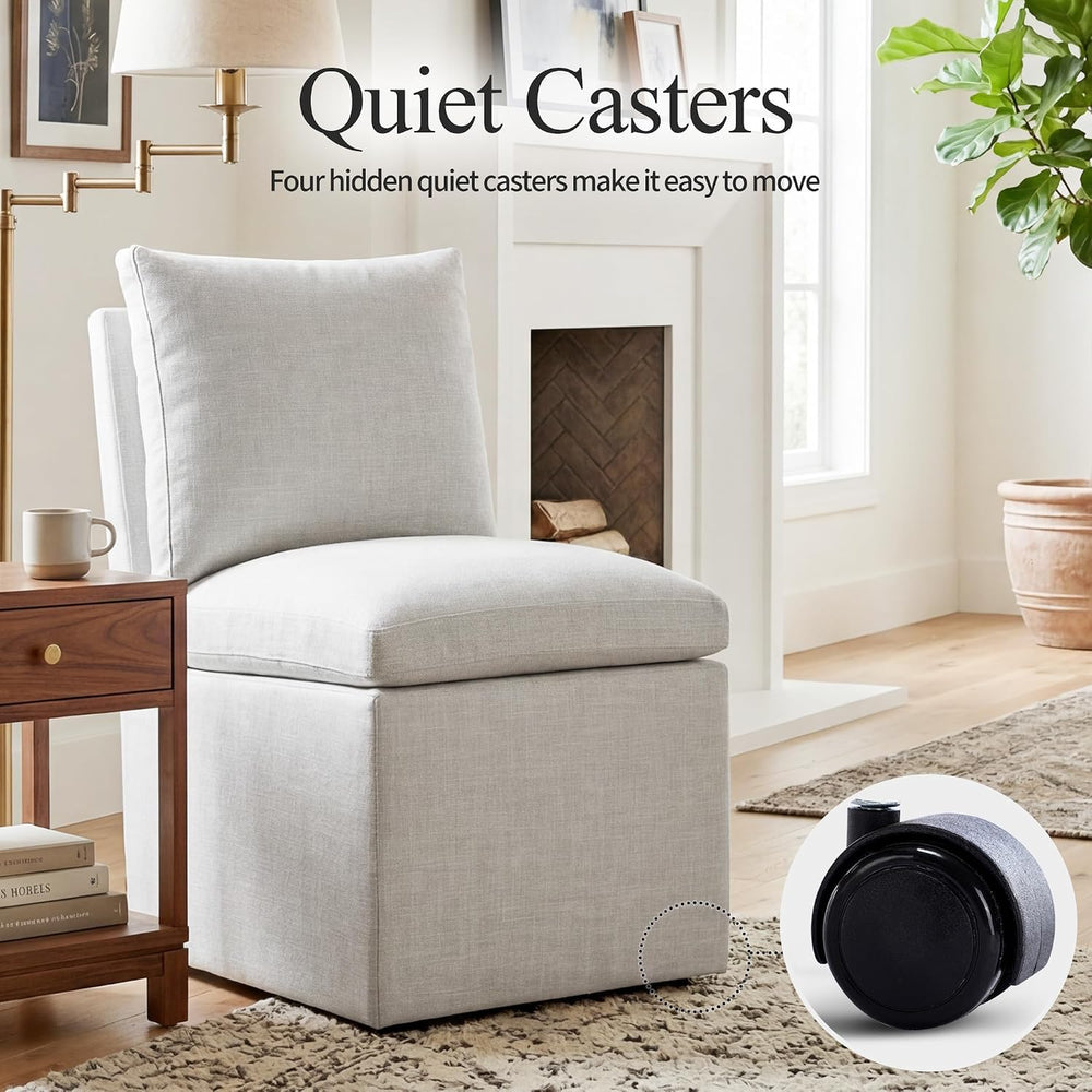 DUHOME Upholstered Armless Dining Chair with Casters,Linen Accent Chair for L...
