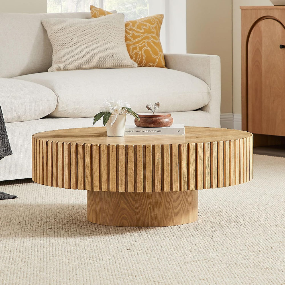 KEVINSPACE Round Coffee Table, 39" Big Wooden Fluted Coffee Table with F...