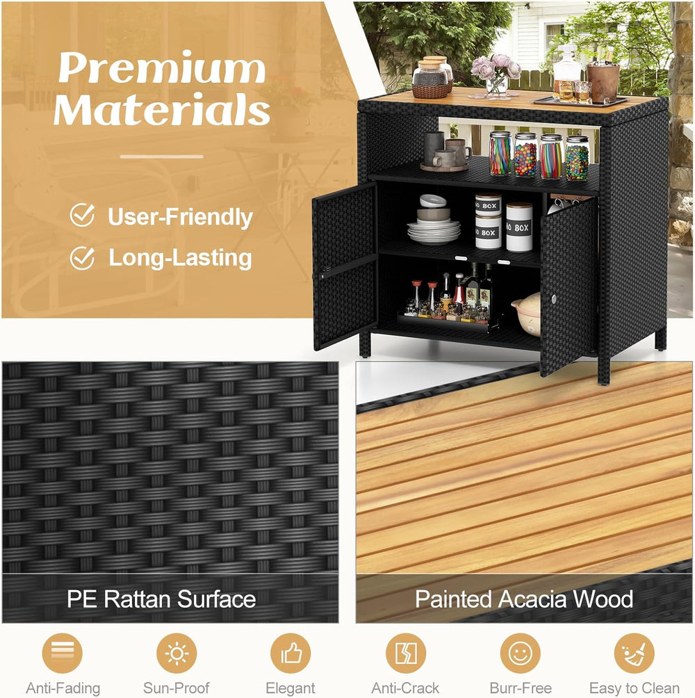 Tangkula Rattan Outdoor Storage Cabinet, Patiojoy Outdoor Cabinet with Acacia...