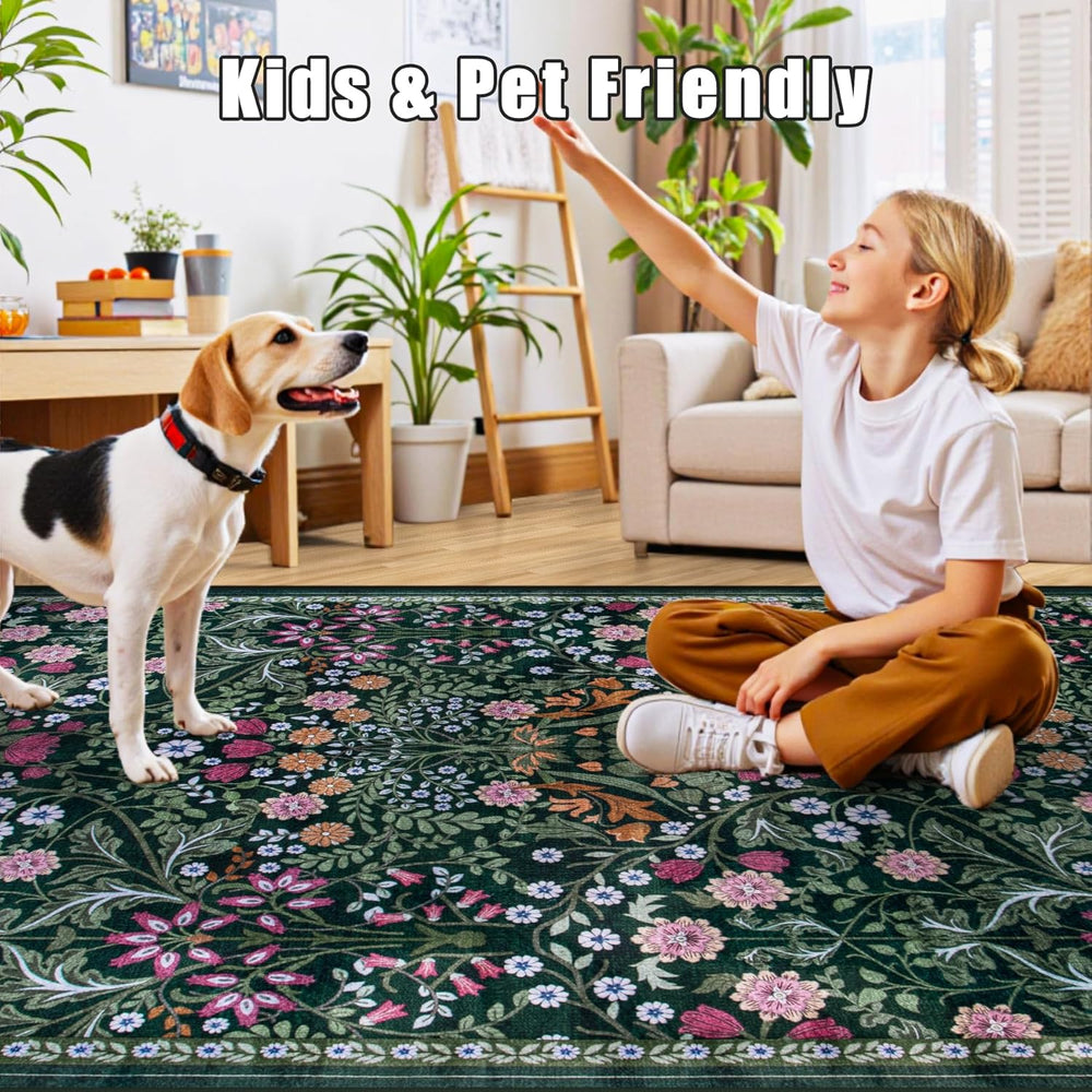 PLHXFR Area Rug 10x14 Living Room: Floral Washable Boho Carpet Dark Green