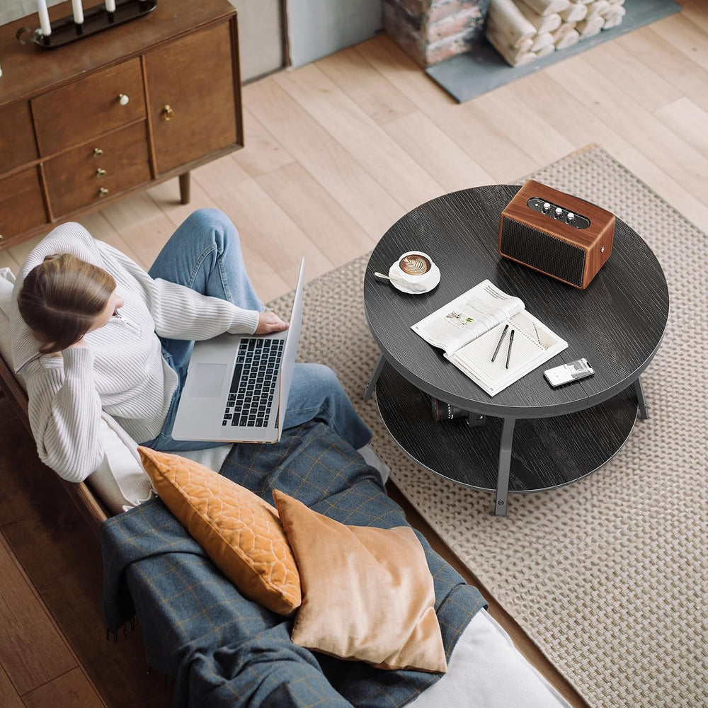 Round Coffee Table, Circle Wood Coffee Tables for Living Room, 2 Tier Industr...