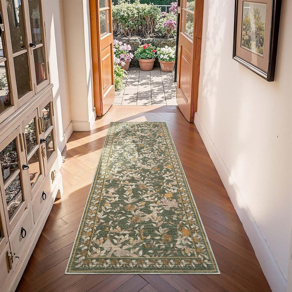 jinchan 2x6 Runner Rug Floral Vintage Washable Area Rug, Green