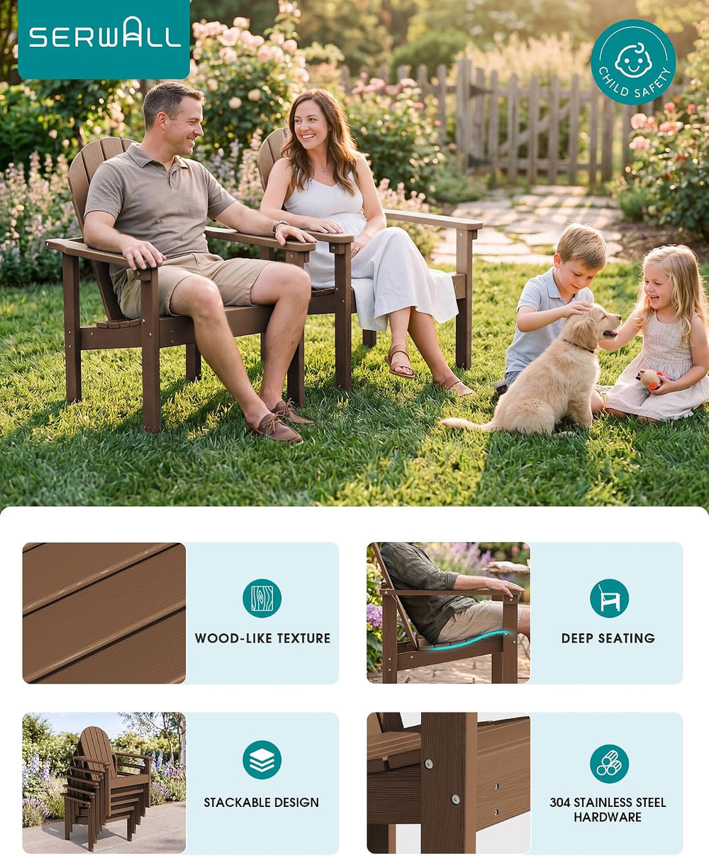 SERWALL HDPE Stackable Adirondack Chairs Set of 4,Space-Saving, Brown