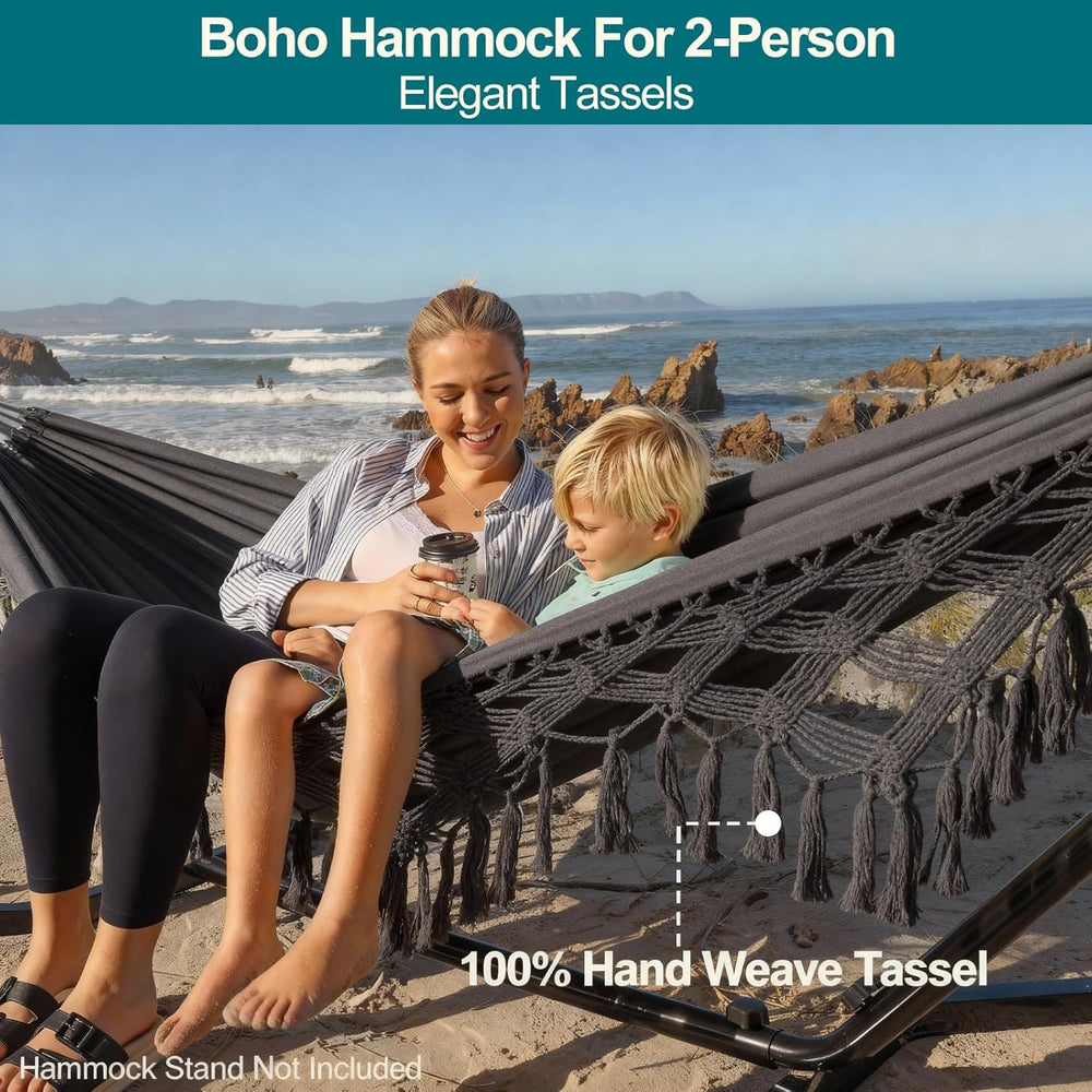 JoyView Boho Macrame Double Hammock with Hanging Ropes & Elegant Tassels ...