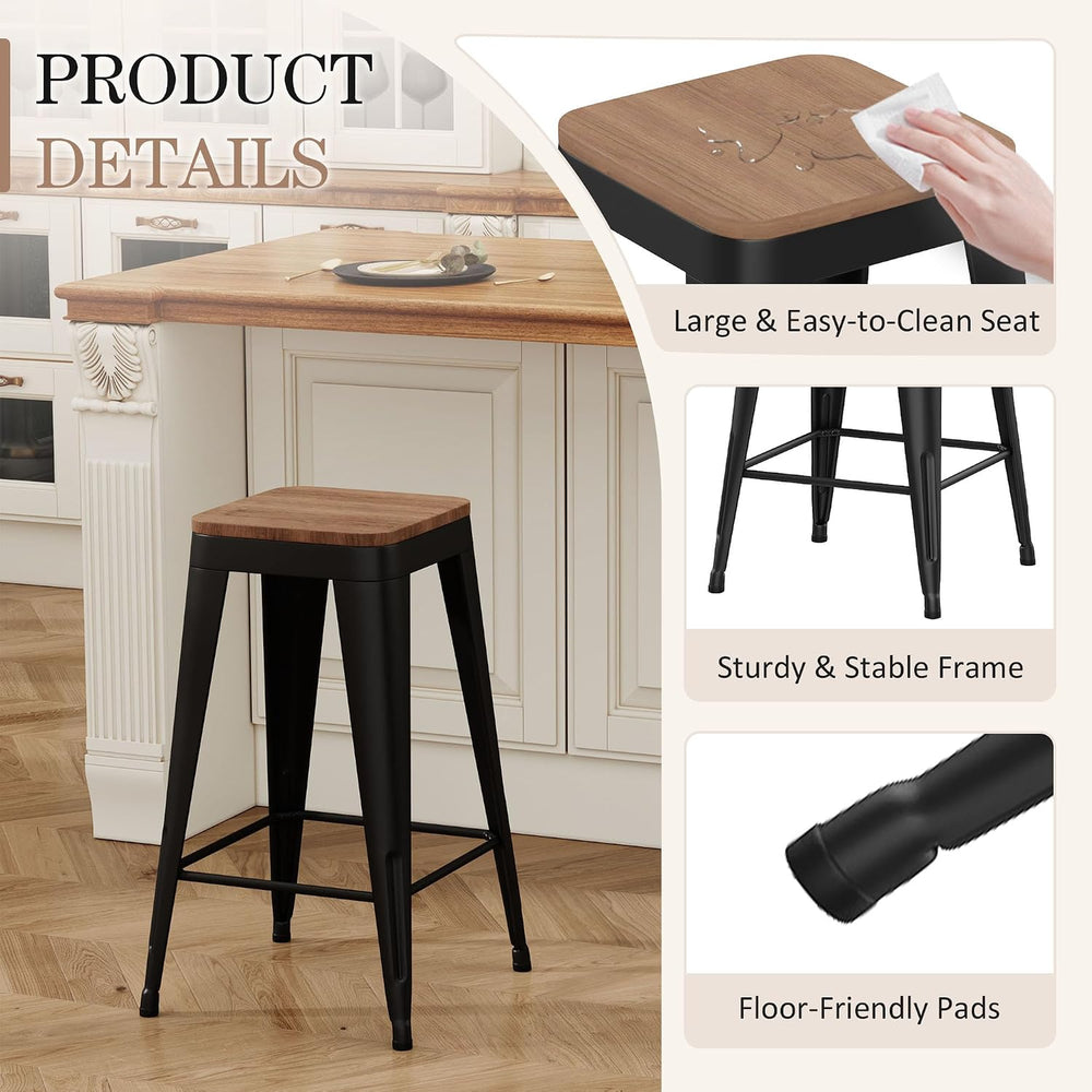 24" Metal Bar Stools Set of 4 Black Counter Height Stools with Wood Seat...