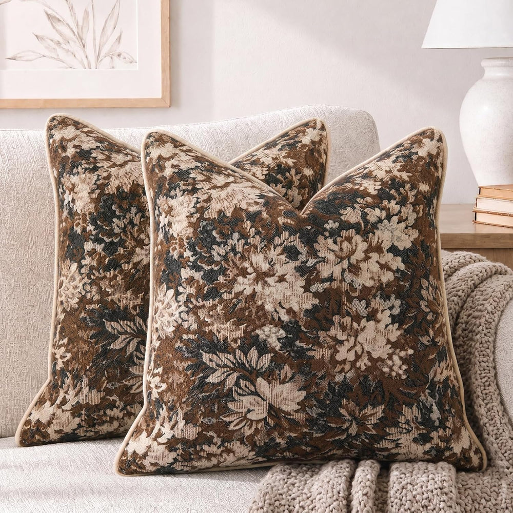 CROWNED BEAUTY Farmhouse Floral Throw Pillow Covers, 24x24, Brown, Set of 2