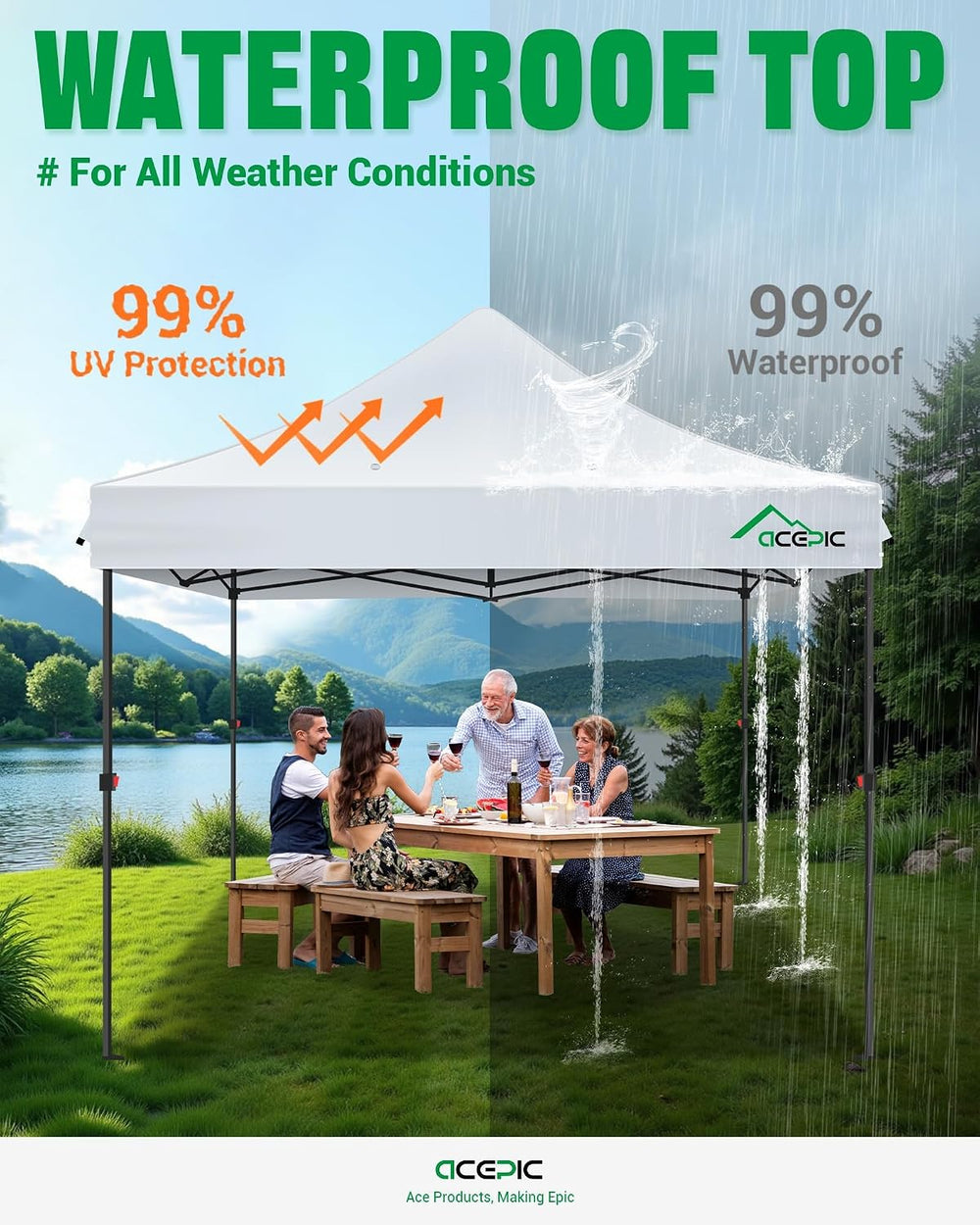 ACEPIC Heavy Duty 10x10 Peak Pole Canopy Replacement Top (Black, Top Only)