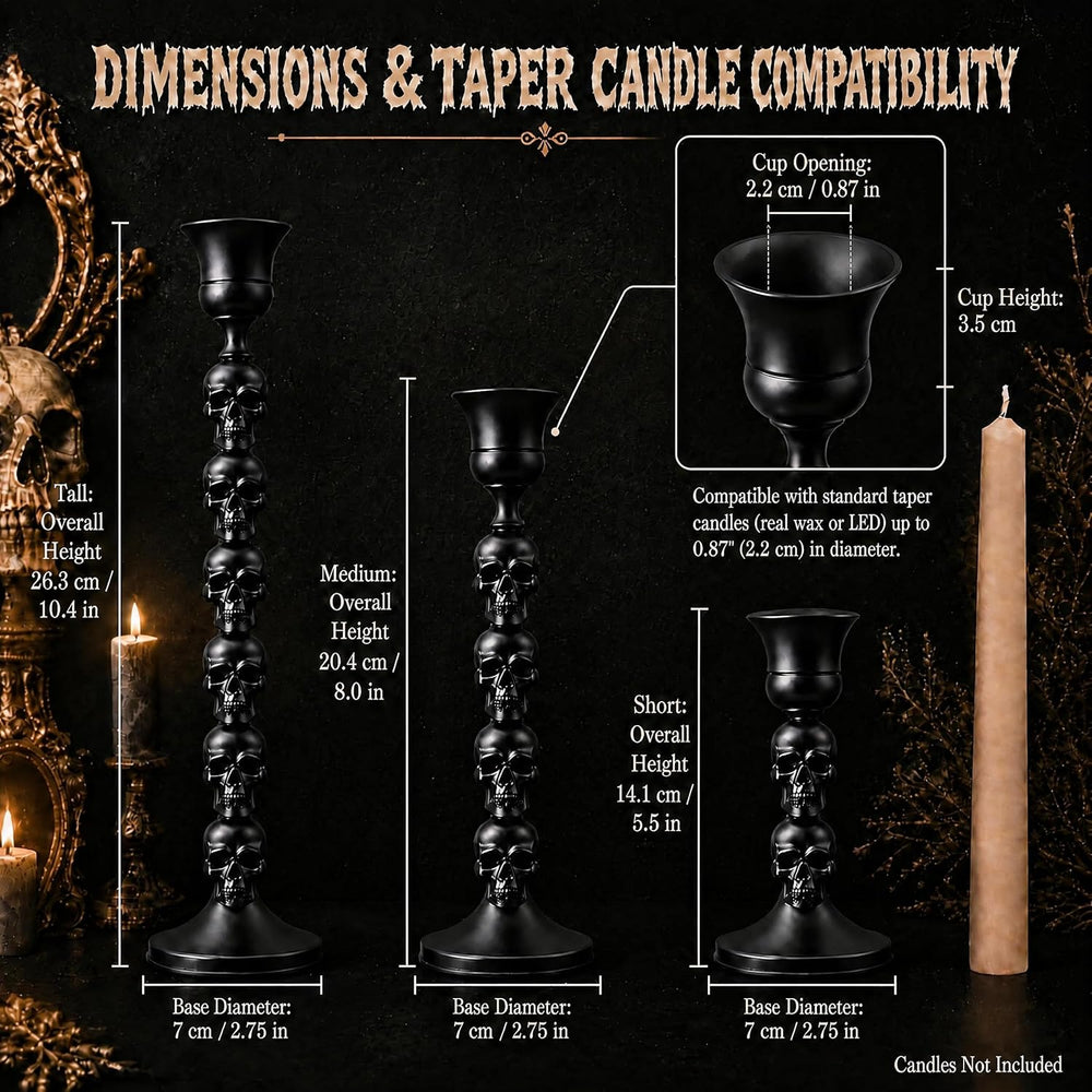 Skull Candle Holder, Gothic Taper Candlestick for Halloween, 6 Pack