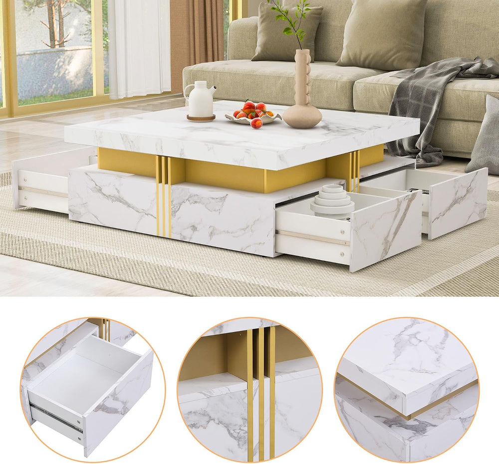 Merax Coffee Table, Modern Square Coffee Table with 4 Drawers, Contemporary L...