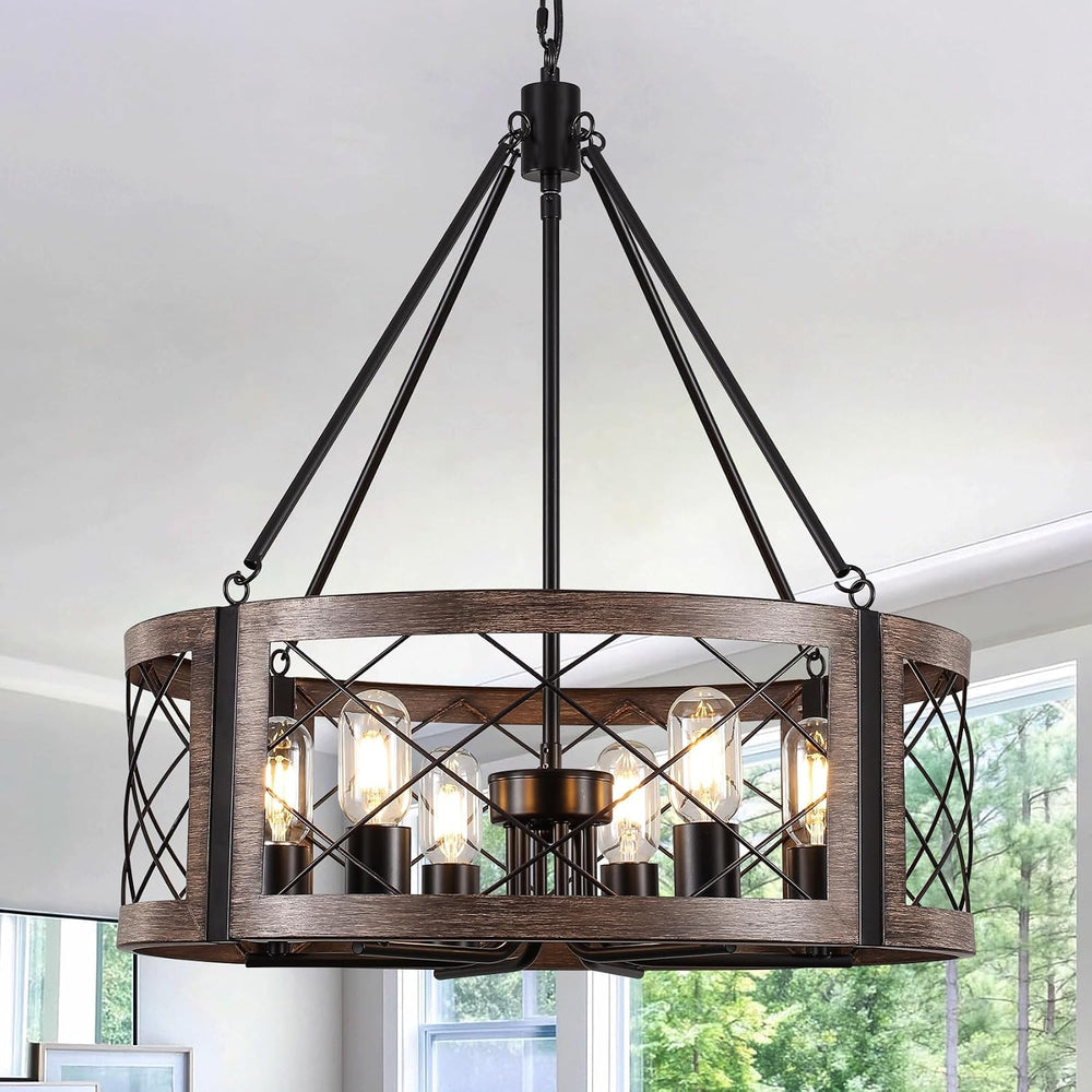 Farmhouse Drum Chandelier for Dining Room, 22" Rustic Black Chandelier w...