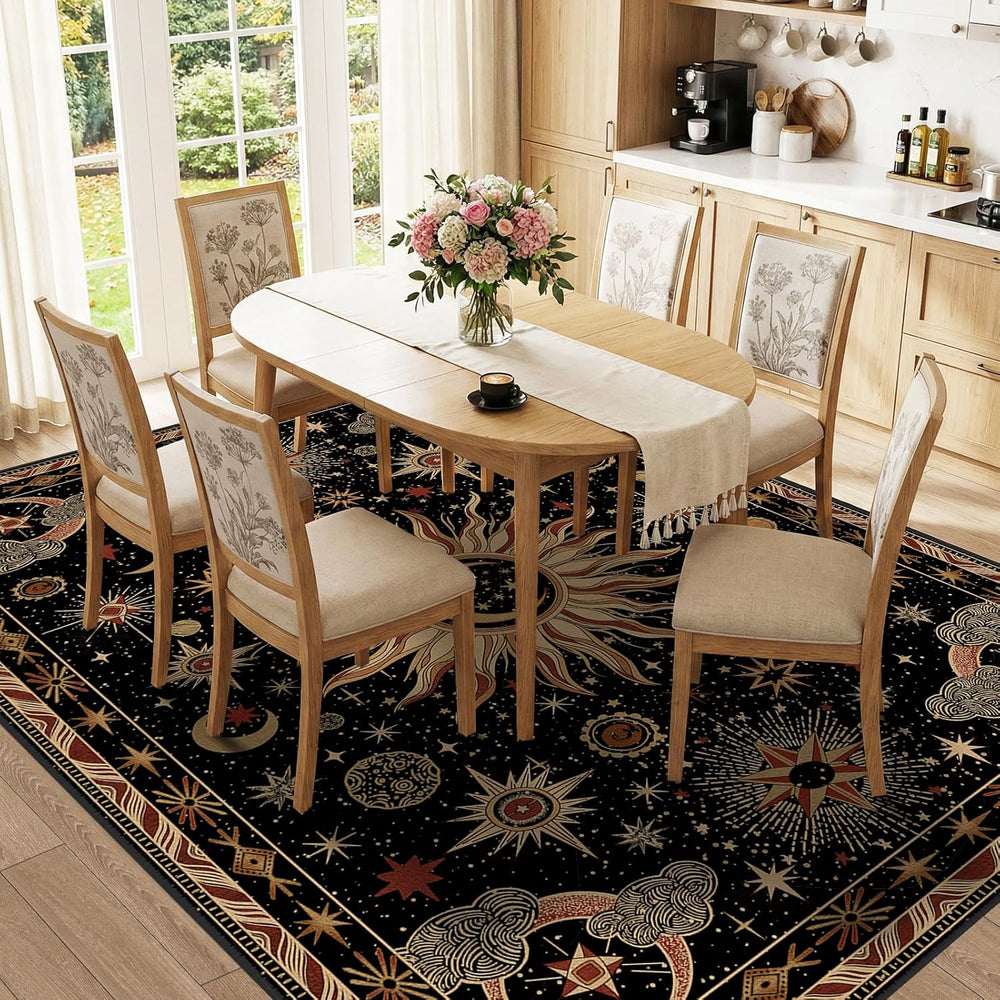 Vacuum-Friendly, 8x10 Washable Area Rug, Black Gold Beige Red