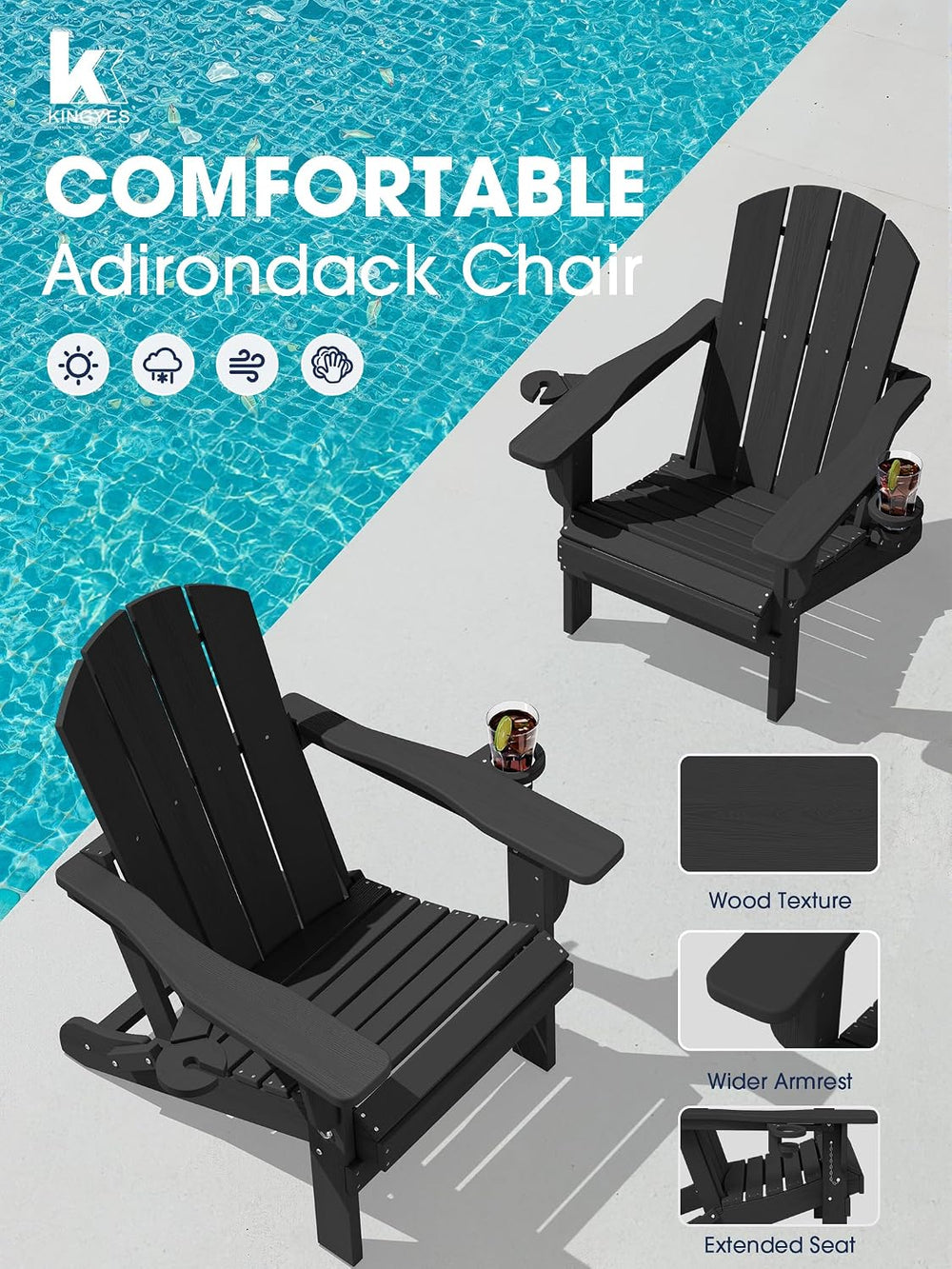 KINGYES Folding Adirondack Chair Set of 2 with 2 Cup Holders, Black