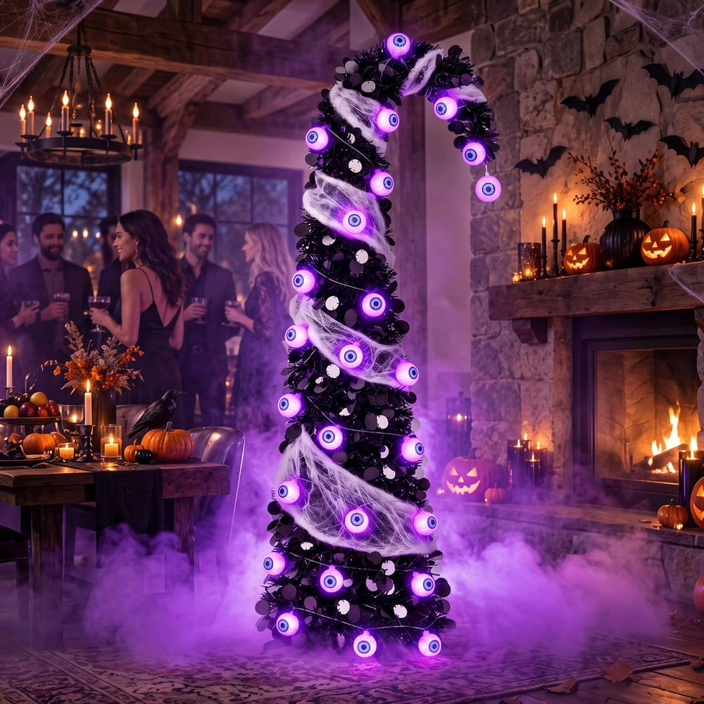 5FT Pop Up Halloween Tree with 35 Purple Eyeball Lights & Spider Web