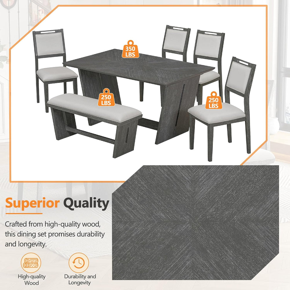 Merax 6-Piece Retro Dining Set, 1 Rectangular Table with Stable Trapezoidal T...