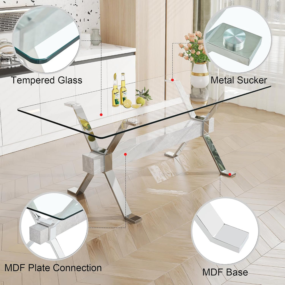 79'' Glass Dining Table, Modern Kitchen Table, Clear Dining Room Tabl...