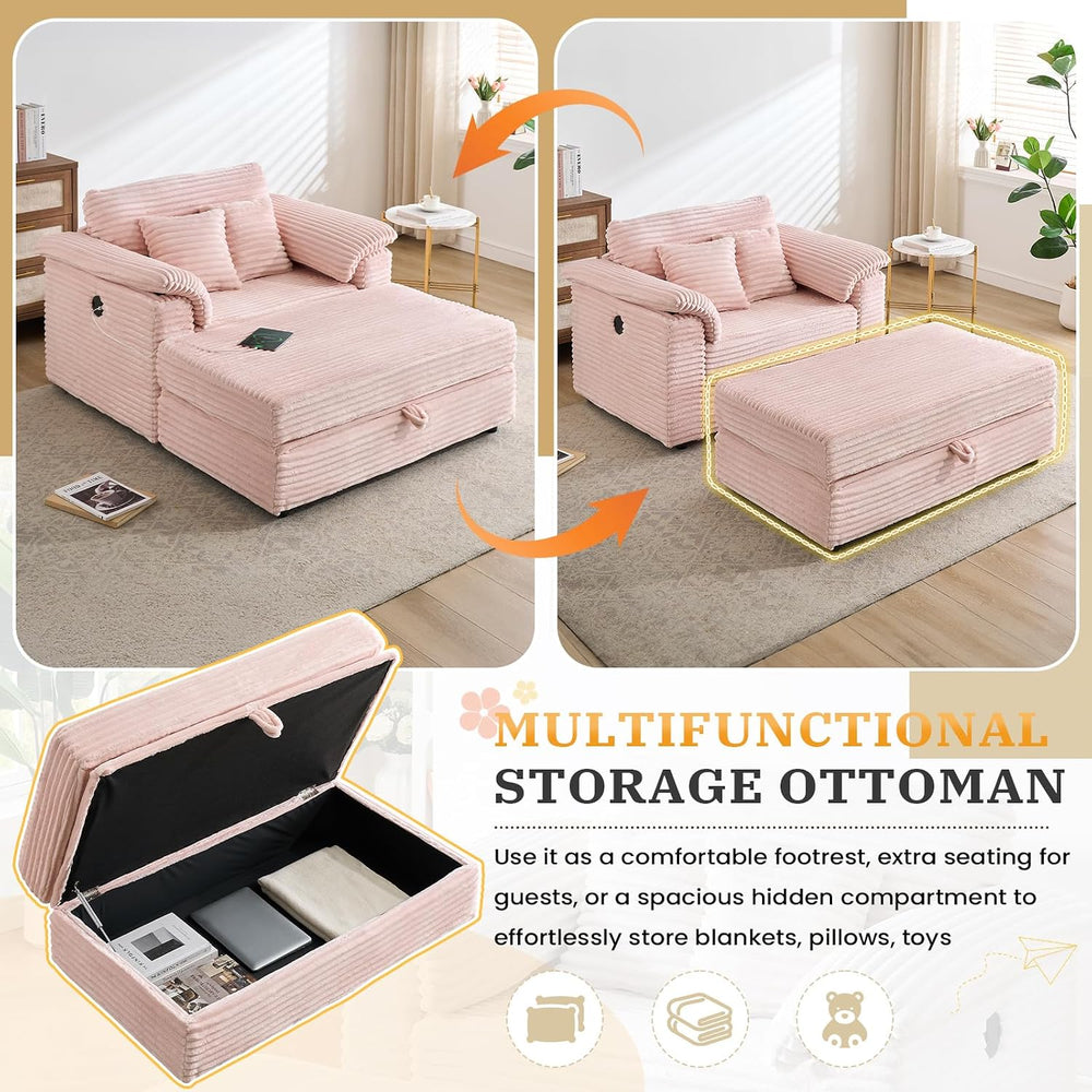 Deolme Oversized Chaise Lounge Chair with Storage Ottoman & USB Ports, Fl...