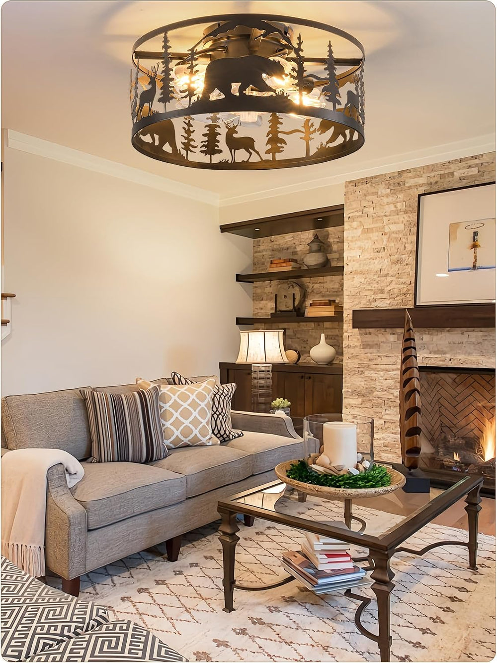 Farmhouse Caged Ceiling Fan with Light,Rustic Fandelier Flush Mount