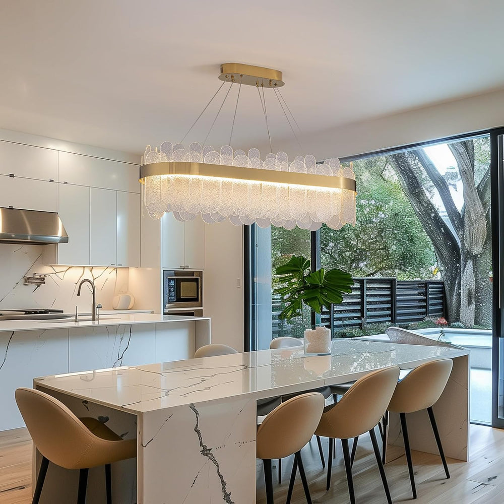 Gold Linear Chandelier, Modern Rectangle Glass Pendant Light Fixture with LED...