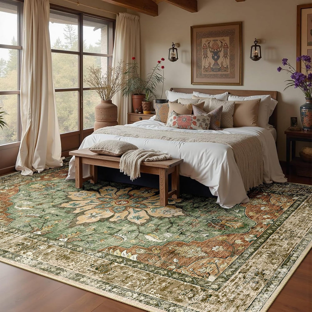 RELEANY Washable Area Rug, 8'x10', Brick/Brown/Green